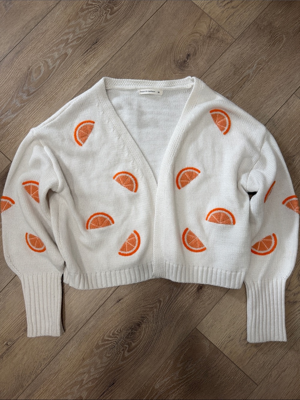 moon & madison White Knit Cardigan with Cute Orange Slice Motif